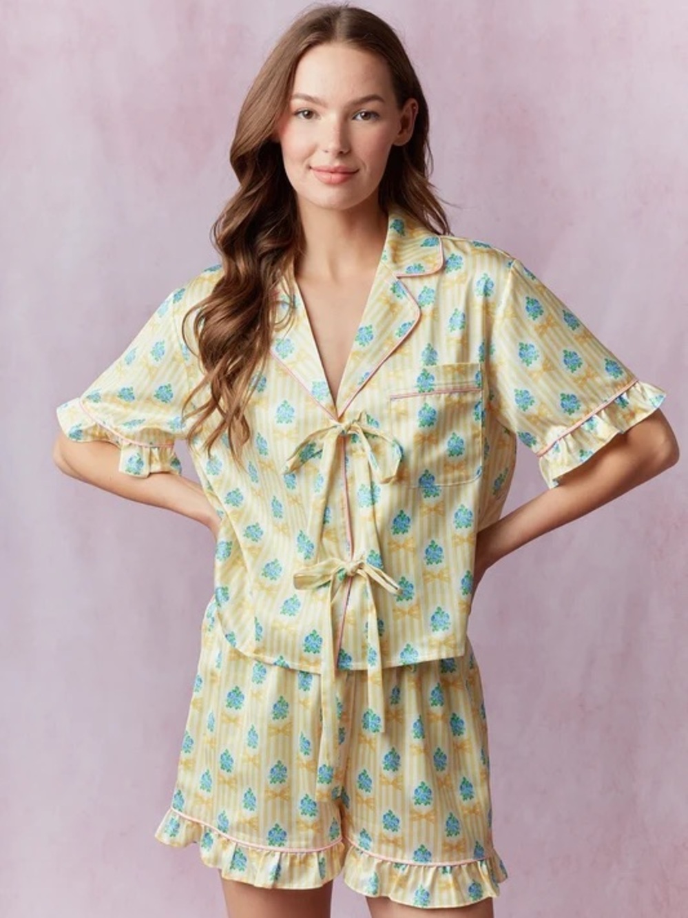 306 • Bonnie Satin Pajamas Floral Tie-Front Short Pajama Set